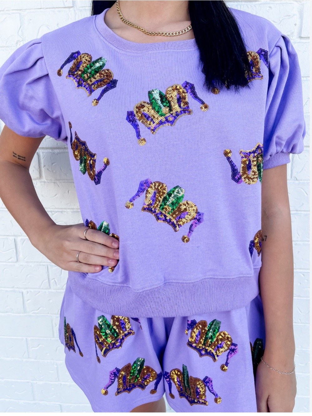 Mardi Gras Purple Sequin Jester Short-Sleeve Sweatshirt